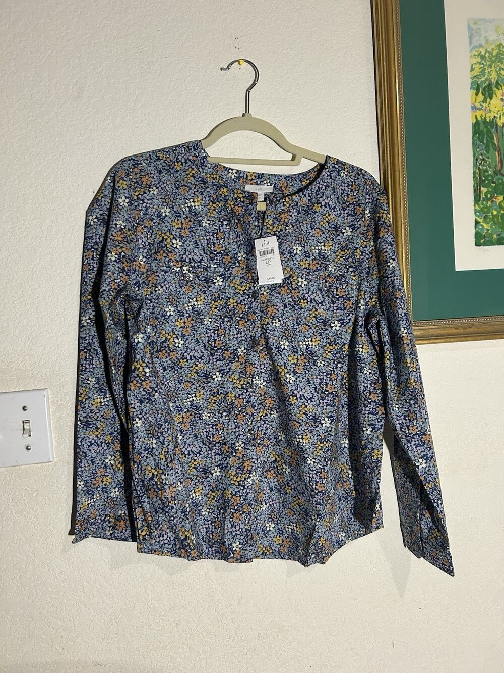 J. Jill Pima Cotton Band-Collar Shirt Blue Floral Size LP NWT
